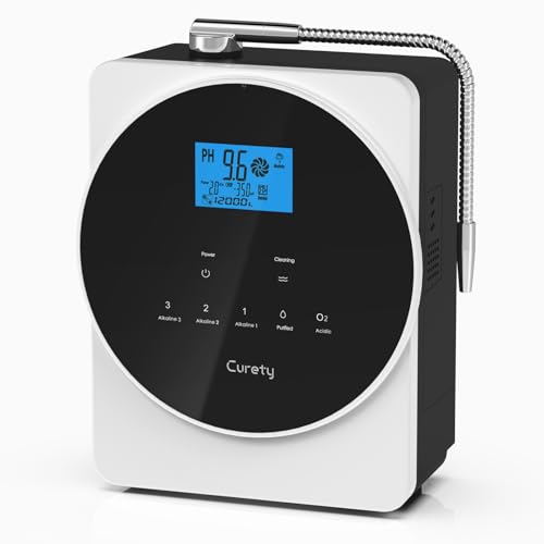 Curety Alkaline Water Ionizer Machine, Water Machine PH 3.5-10.5 for Alkaline & Acidic Water, 11 Titanium Plates, Up to -600mV ORP, 12,000L Filter, 6 Water Settings, Auto-Cleaning, Intelligent Voice