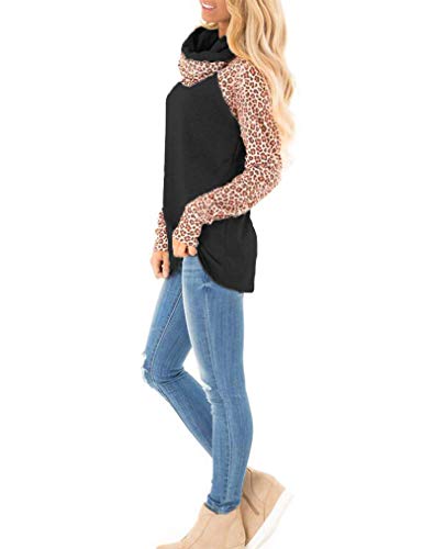 Qearal Women's Long Sleeve Tunic Tops Cowl Neck Leopard Print Color Block Casual Raglan Sweatshirts XL Black-1