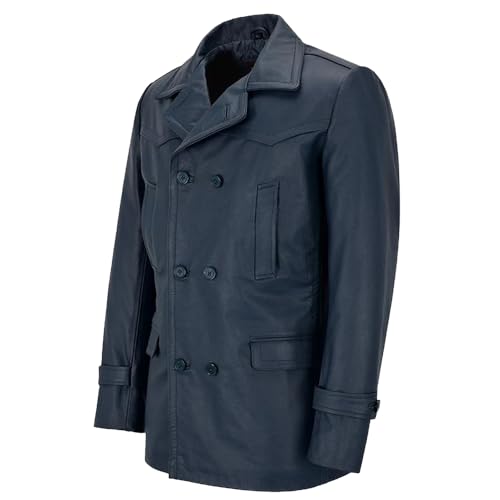 Image of Men's Kriegsmarine German Ww2 Dr Who Reefer Hide Leather Jacket Coat Mens Leather Car Coat