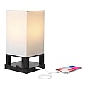 Brightech Maxwell Bedside Lamp with USB Port – Compact Table Lamp for Bedroom, Living Room - Modern Asian Nightstand Lamp with Wood Frame - LED Bulb, Soft Light - Black