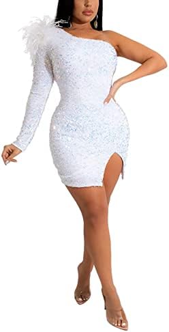 acelyn Women Sexy One Shoulder Feather Long Sleeve Short Homecoming Dress Glitter Sequin Bodycon Mini Prom Dress with Slit White1 XXL