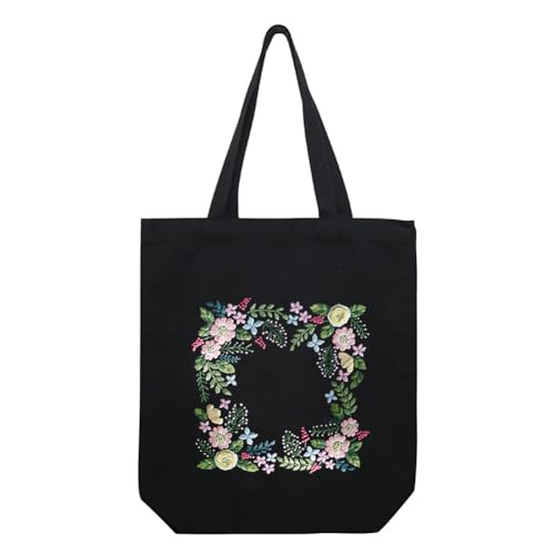 Image of Eforcase Canvas Handbag Embroidery Kit, Flower Embroidery DIY Craft Floral Tote Bag Beginner Kit Include Hoops Color Threads Needle, DIY Sewing Stamped Set