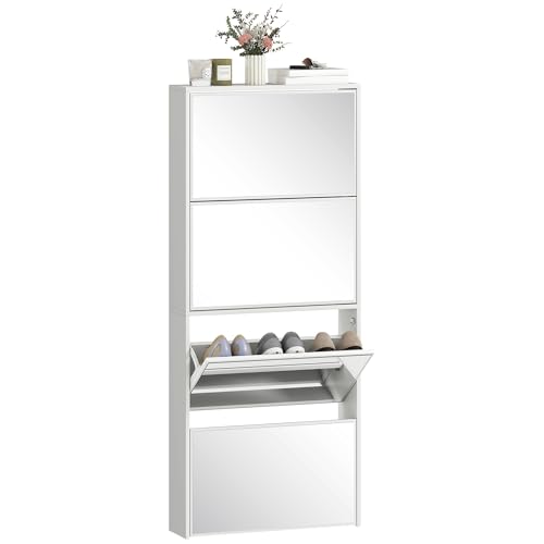 HOMCOM Zapatero Estrecho 4 Puertas con Espejo, Zapatero Entrada Recibidor, para 12 Pares de Zapatos, para Pasillo, Espacios Reducidos, 63x17x146 cm, Blanco