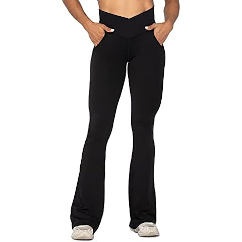 Sunzel Flare Leggings for Women with Pockets V Crossover High Waisted Tummy Control Casual Workout Bootcut Yoga Pants, Black, Large Cover