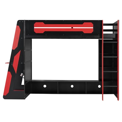 Image of Harper & Bright Designs Twin Size Wood Loft Bed with Desk and Multi-Storage Shelves, Wooden Gaming Loft Bed Frame with RGB Light, Space-Saving Bed with Safety Guardrail, Red