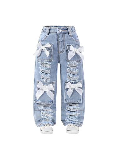 Verdusa Toddler Girl's Distressed Ripped Jean Cargo Pants Y2K Leg Denim Pants with Pockets Blue 4 Years
