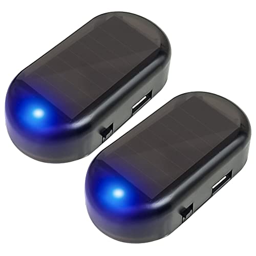Solar Power Dummy Car Alarm 2pcs Red LED Light with USB Port Simulate Imitation Security System Warning Anti-Theft Device Flash Blinking Lamp for Vehicle Van Truck SUV (Blue)