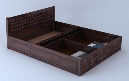 Image of Ganpati Arts Solid Sheesham Wood Diamond King Size Bed with Half Box and Front Opening Trolly Storage for Home | Wooden Double Bed for Living Room Bedroom (Walnut Finish) 1 Year Warranty