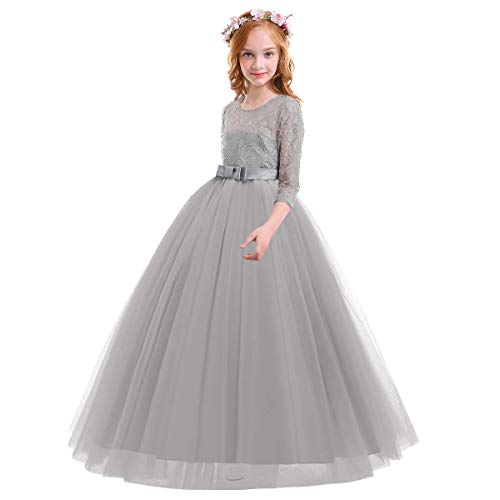 Image of Girls Flower Vintage Floral Lace 3 /4 Sleeves Floor Length Dress Wedding Party Evening Formal Pegeant Dance Gown