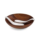 Nambe Yin Yang Salad Bowl with Servers | Large Oblong Acacia Wood Bowl & Metal Alloy Servers | Modern Style | 15' L x 12.5' W x 4' H