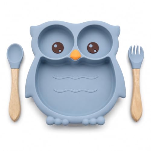 Image of BabyGo Silicone Suction Plate for Babies & Toddlers | 3-Section Owl-Shaped Feeding Set | Strong Suction Cups | BPA-Free, Microwave Safe | Self-Feeding| 1 Plate & 2 Spoons | Blue