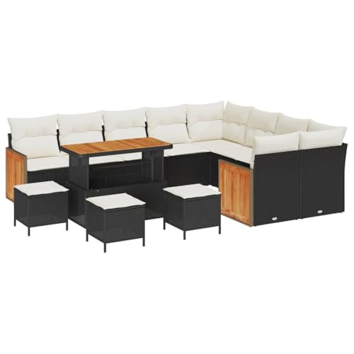 vidaXL Conjunto de sofá de jardín con cojín 13 pcs Negro y Crema, Muebles modulares para jardín y terraza, Asientos Resistentes al Clima, Mesa Ajustable UV