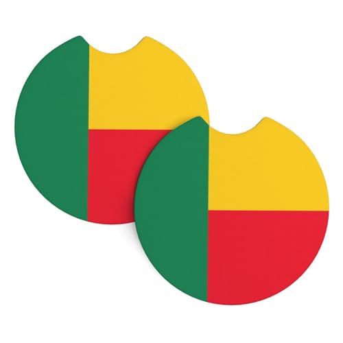 YYHWHJDE Lot de 2 sous-verres de voiture avec motif drapeau du Bénin – Durable et imperméable pour la protection et la décoration intérieure de la voiture