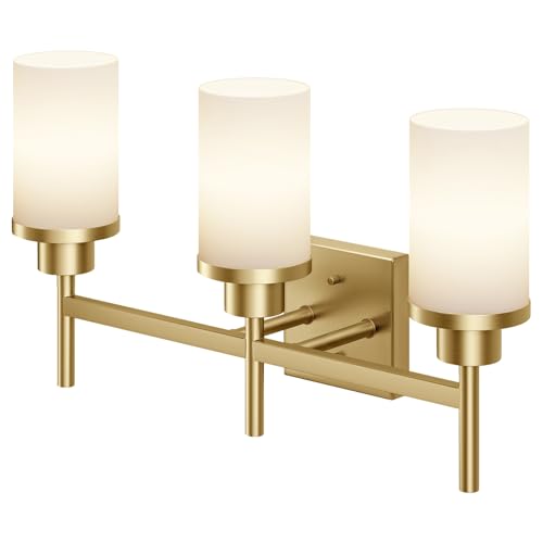 Image of Bathrom Light Fixtures Modern Gold 3 Vanity Lights Over Mirror, Wall Lamps with White Frosted Glass Shade for Toilet Washroom Bath T001GD-L3