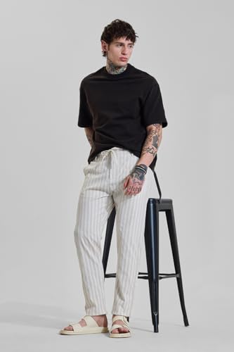Image of SNITCH Men Casual Trousers | Slim Fit Vertical Stripes | Polyester Blend, Smooth Texture, Turned-Up Cuffs | Perfect for Casual & College Wear