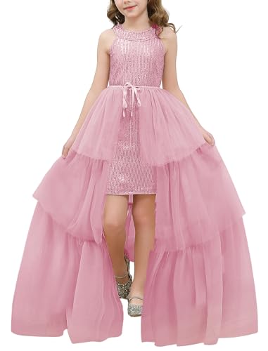 Girls Sequin Dress Formal Pageant Sparkle Three Layer Mesh Halter Dress Special Occasion Dress Size 5-14Y