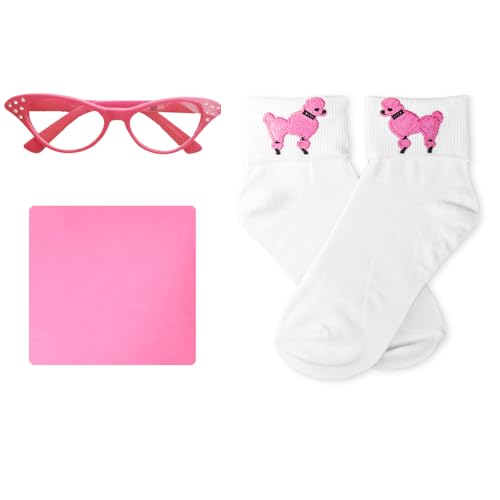 Hip Hop 50's Shop 1950s Girls 4 Piece Poodle Skirt Costume Outfit for Kids with Accessories (glasses, socks, scarf) (Child Small Hot Pink)