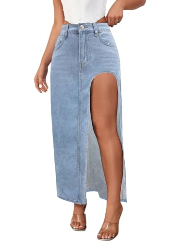 Women's Casual High Waist Split Thigh Jean Skirt A Line Long Maxi Slim Denim Skirt