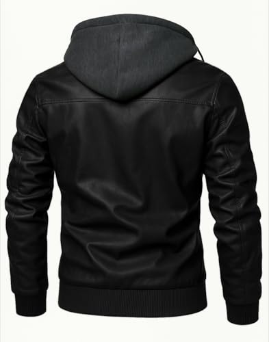 Image of Blaq Ash Men's Faux Leather Hooded Motorcycle Jacket, Zip-Up, with Pocket
