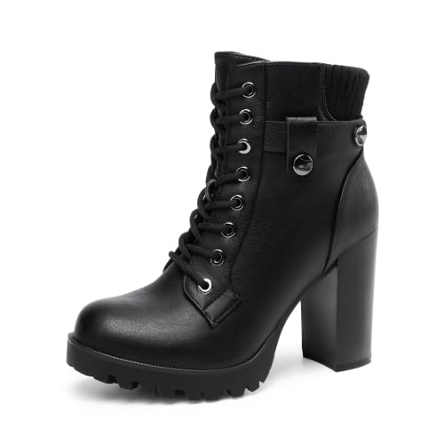 DREAM PAIRS Women's Lace up Combat Ankle Booties Shoes,Black,7 | High Chunky Heel Fashion Heeled Ankle Boots,Sleek & Stylish Design,convenient side zipper,Adapt to Any Outfit