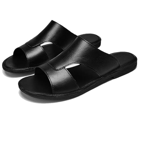 Men's Leather Perforated Sandals - Comfortable Lightweight Open-Toe Anti-Slip Slides Summer Outdoor Beach Shoes (10,Black)