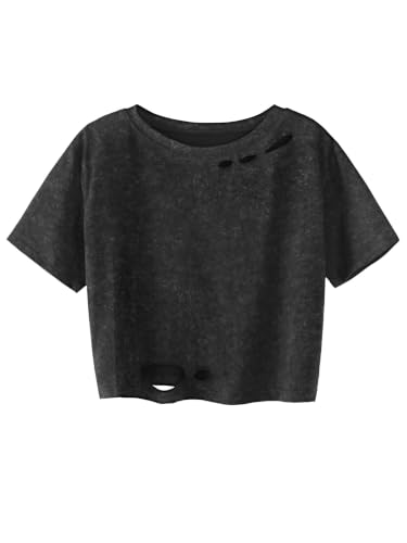 Hilinker Women Ripped Distressed Crop Tops Short Sleeve Vintage Tees Acid Wash Cropped T Shirts Black Medium
