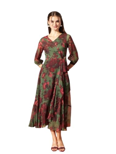 Image of Miss Chase Women's Multicolored Black Floral V-Neck 3 /4 Sleeve Wrap Chiffon Midi Dress
