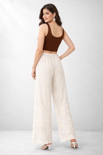 Image of Cotton Palazzo for Women's & Girl's - Chikankari Embroidered Palazzo Pants - High Waist Flared Palazzo with Elasticated Waist - Ethnic & Casual Wear (Off-White)