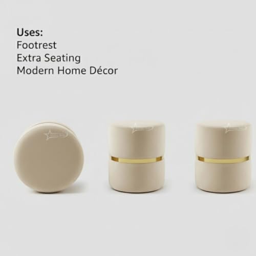 Image of Round Single Strip Upholstered Stool Living Room Foot Rest Linen Fabric Padded Seat Pouf Ottoman Office Stool Cream