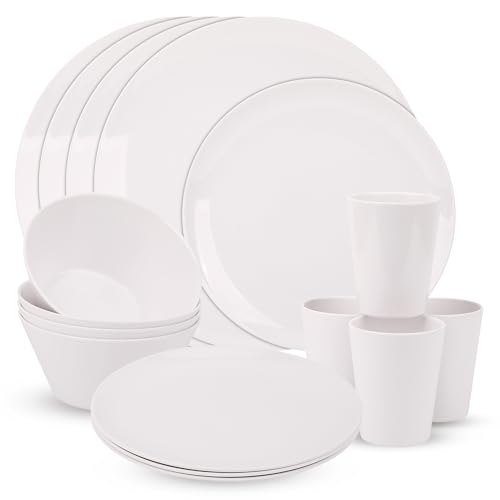 Trimming Shop Juego de vajilla de melamina blanca de 16 piezas, apto para lavavajillas y resistente a los arañazos, 4 platos, 4 platos de postre, 4 cuencos y 4 tazas, juego de vajilla reutilizable