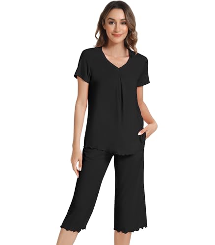 Image of NACHILA Women's Pajama Sets Cooling Bamboo Viscose V-Neck Top & Capri Pants | Lightweight, Breathable, Moisture-Wicking, Buttery Soft, Ideal for Hot Sleepers, Night Sweats and Hot Flashes, Sleep & Lounge
