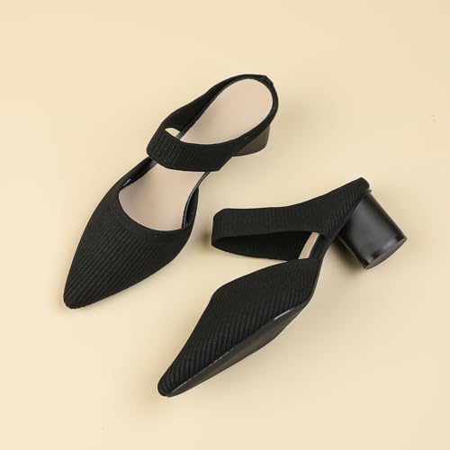 Women’s Knitted Pointed Toe Chunky Heel Mules Fashion Backless Slip On Breathable Heeled Sandals Daily Office Dress Pumps2