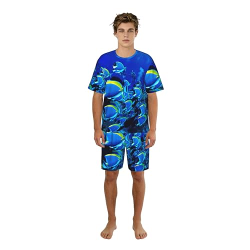 Pyjama 2 pièces homme anti-transpiration imprimé poissons bleu