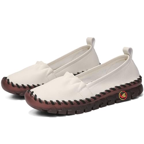 Women's Fashion Leather Soft Bottom Flat Casual Shoes Handmade Sewing Shallow Mouth Walking Shoes Comfortable Orthopedic 4D Pain Relief Casual Shoes