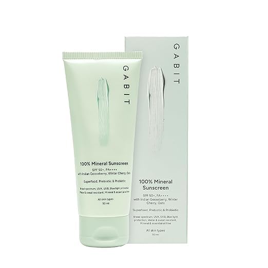 Gab-it 100% Mineral Sunscreen SPF 50+ PA++++ | Broad Spectrum UVA/UVB & Blue Light Protection | Water & Sweat Resistant | No White Cast | Zinc Oxide, Vitamin E & Oat Extract | Oil-Free | 50 ml