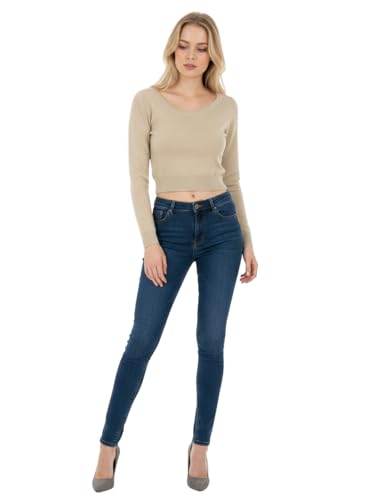 Image of Women's Crop Top Stretch Sweater - Long Sleeve Slim Bodycon Crewneck Casual Basic Solid Cropped Knit Pullover Top