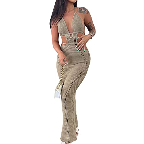 Image of NUFIWI Women Backless Hollow Out Long Dress Sexy Knitted Maxi Dress Bodycon Spaghetti Strap Cocktail Party Midi Dress