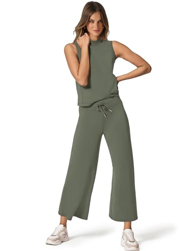 Image of SAMPEEL Two Piece Sets for Women Summer Outfits Lounge Sets Mock Neck Tops Wide Leg Crop Pants Vacation Travel Outfits