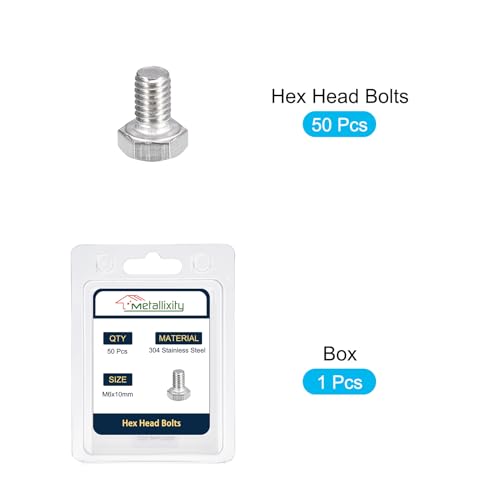Image of METALLIXITY Hex Bolts (M6-1x10mm) 50Pcs, 304 Stainless Steel Coarse Fully Threaded Hex Head Screw Bolt Machine Screws - for Furniture Repair, Silver