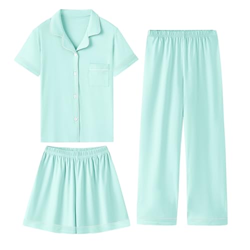 QZH.DUAO Girls 100% Cotton Pajama Sets, 3PCS Button Down Loungewear PJS, Mint Green, 9-10 Years