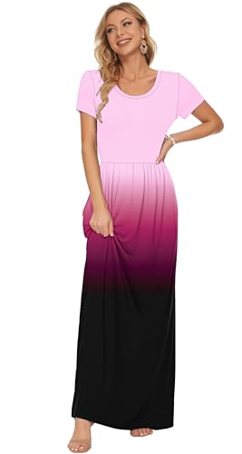 Image of AUSELILY Women's Summer Short Sleeve Loose Plain Casual Long Maxi Dresses | Year Round wear solid floral print, Casual wear, Empire waist, Floor length, Side pockets