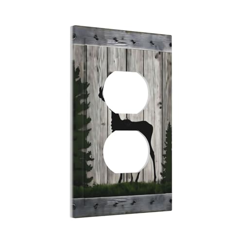 Decorative Outlet Covers Rustic Deer Elk Forest Grey Wood Board 1 Gang Duplex Light Switch Cover Plate Wall Plates for Electrical Outlets Switchplate Faceplate