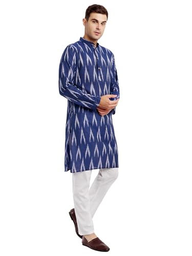 Image of SKAVIJ Men's Pure Cotton Printed Kurta Pajama Set Ikat Design Casual Ethnic Dress