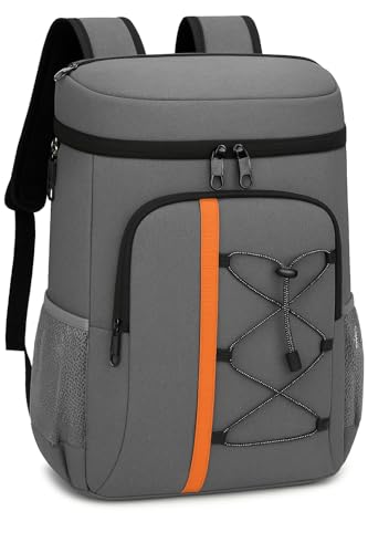 Mochila Térmica Cooler Portátil Para Praia, Churrascos, Camping, Viagens, Ar Livre - Antivazamentos, Refrigera 24 Horas, 30 Litros Capacidade, 3 Compartimentos (Cinza Light)