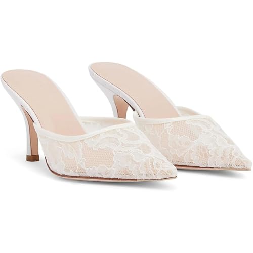 Women's Pointed Kitten Heel Black Lace Heels Mesh Mules Closed Slip Backless Dress Pumps Shoes3