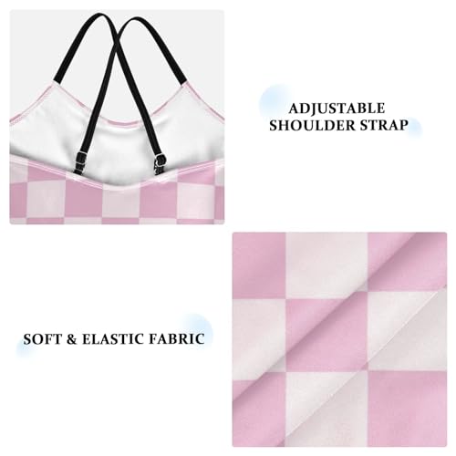 Pink White Checkered Girls One Piece Swimsuits Sport Halter Swimwear Beach Bathing Suit 9-10T3