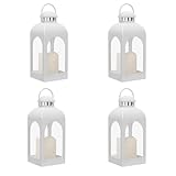 Decor Modern Farmhouse Lantern Decor Set of 4, Black Metal Small Candle Lanterns, Wooden Lanterns Decorative w/Timer & Remote-Controlled Flickering Candles for Home, Indoor, Table (White)
