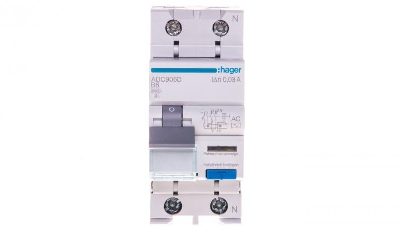 HAGER RCBO Fehlerstromschutzschalter mit Leitungsschutz 1P+N B-Charakteristik 6A/30mA Typ AC 6kA ADC906D