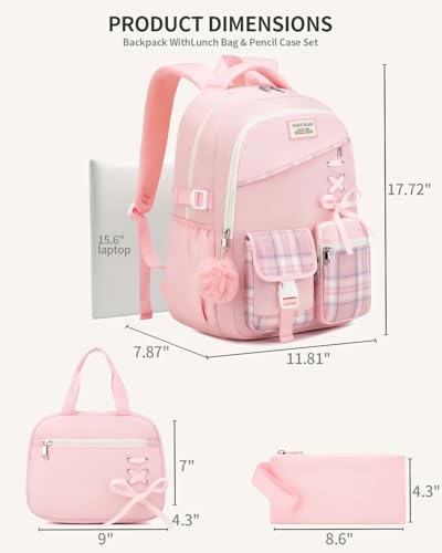 Image of Cute School Backpack for Teen Girls, 3Pcs Kids Bookbag with Lunch Box Pencil Pouch for Elementary Middle High School College, Water Resistant Laptop Backpacks Back to School Gift, Pink Tartan
