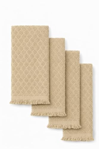 Image of Kitchen Towels, Set of 4 Hand Towels, Sage Taupe Diamond Pattern Drying Towels 18 x 28 Super Absorbent Cotton Hand Cloths with Fringed Edges, Everyday Essentials Kitchen Linens